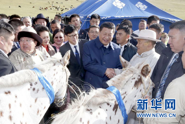 8月22日，国家主席习近平在蒙古国总统额勒贝格道尔吉陪同下前往乌兰巴托市郊观看那达慕。额勒贝格道尔吉向习近平夫妇赠送两匹蒙古马。习近平为两匹马分别取名阿尔泰和克鲁伦，寓意中蒙两国山水相连、睦邻友好。新华社记者 鞠鹏 摄